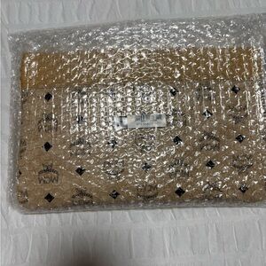 MCM Tan Monogram Zip Pouch with Black Logos